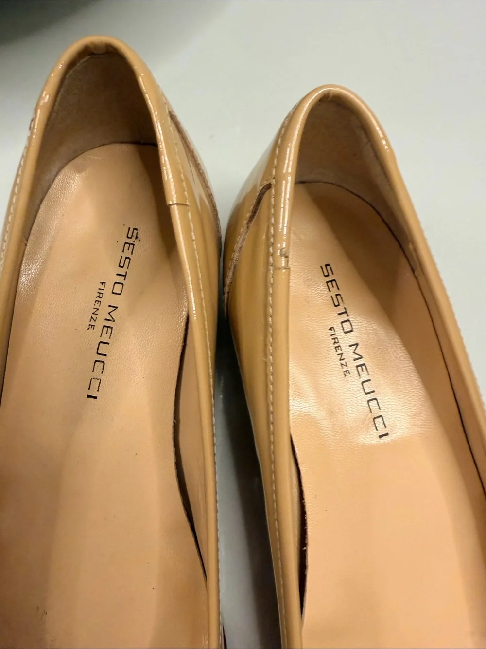 Sesto Meucci Nude Patent leather pumps  with Bronze Bead Pom-Poms
